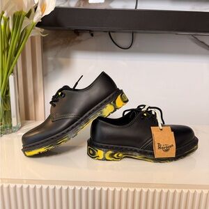 Dr. Martens Mens| Women's Black Leather Shoes with Yellow Accent Sole